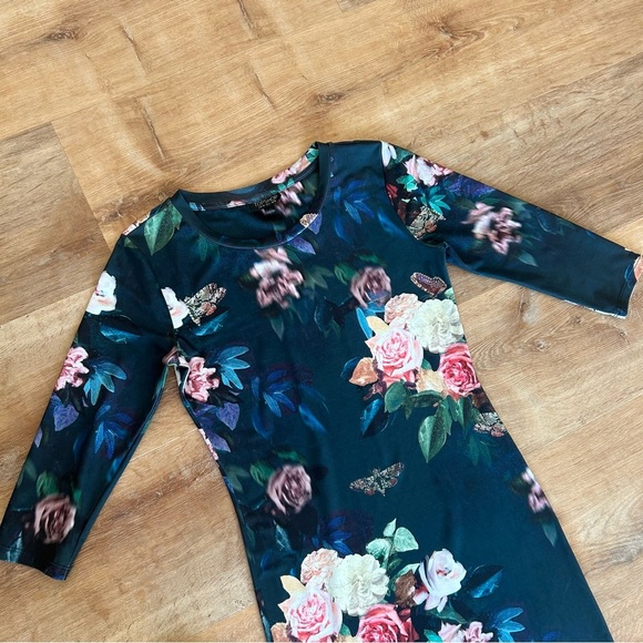 TOPSHOP Women's 6 Fitted Midi Soft Stretch 3/4 Sleeve Floral Butterfly Dress - Picture 3 of 5